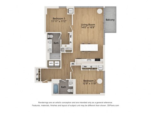 Floor plan for 2 beds, 2 baths, 1079 sqft